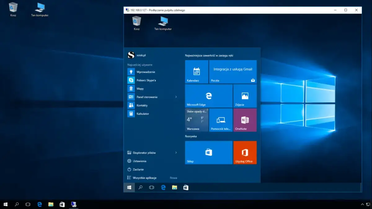 Widok pulpitu zdalnego z menu Start systemu Windows. Na pulpicie widoczny jest ten komputer.