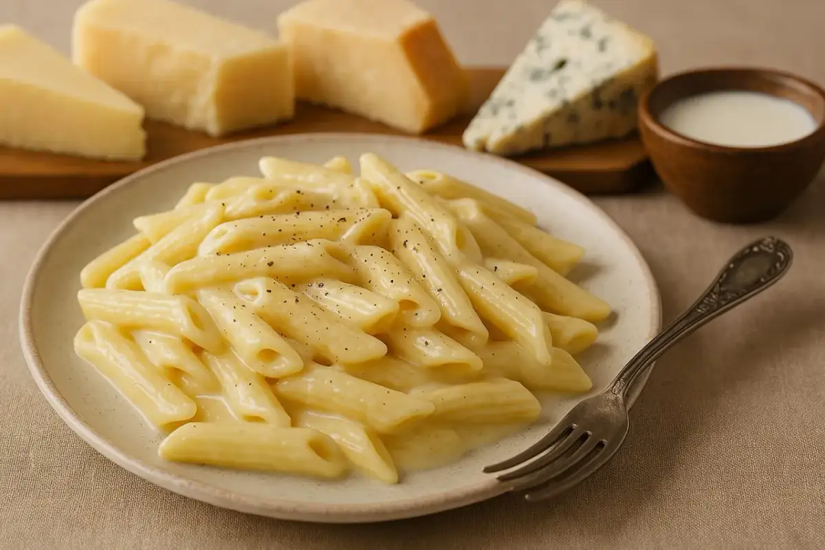 Penne w kremowym sosie serowym, posypane pieprzem. Obok kawałki parmezanu i sera pleśniowego, oraz mleko. Idealny sos serowy do makaronu.