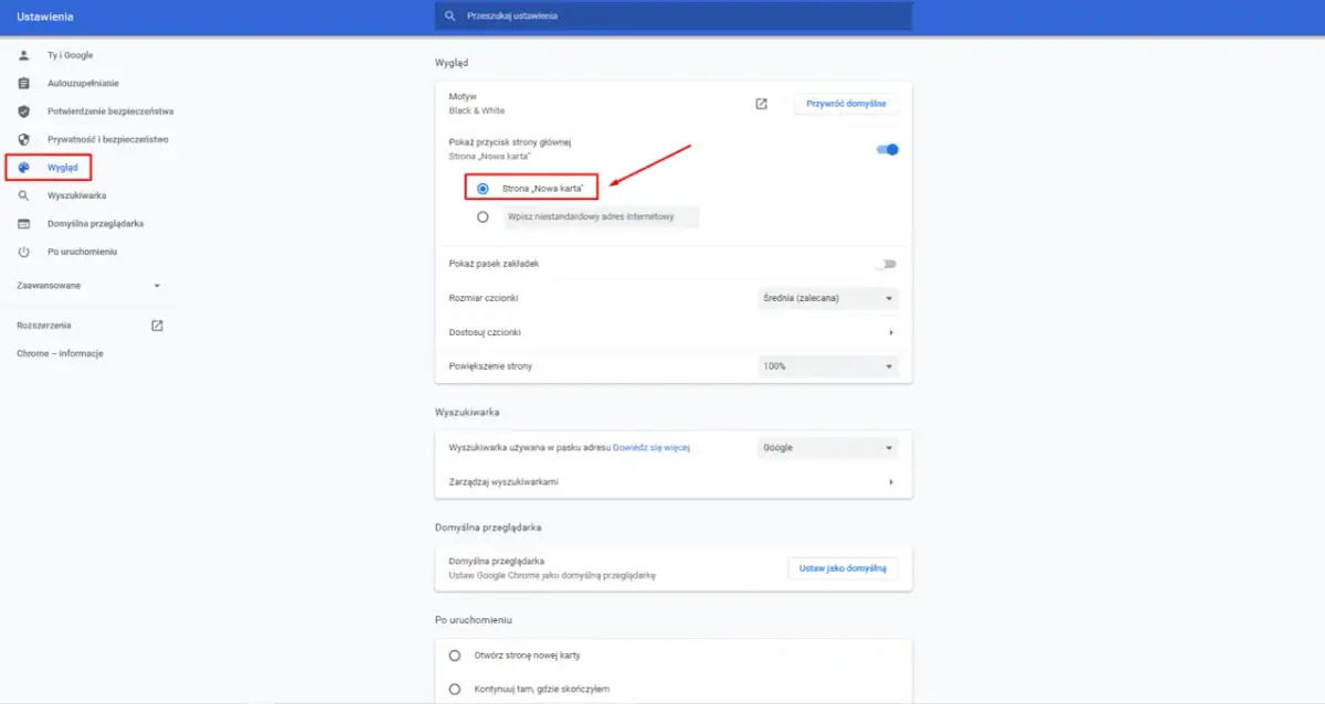 Ustawienia Chrome: Wygląd. Pokazuje, jak ustawić stronę startową w Chrome, wybierając "Strona „Nowa karta”".