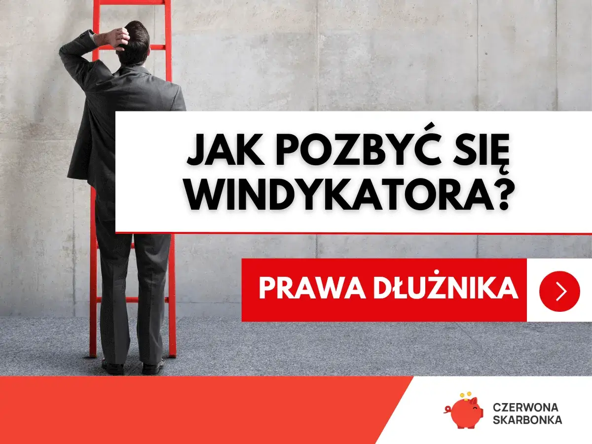 Mężczyzna w garniturze stoi przed drabiną, zastanawiając się, co może windykator chwilówki. Tekst: "Jak pozbyć się windykatora?".