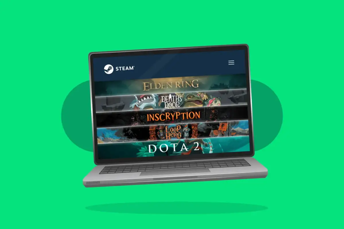Laptop z logo Steam i banerami gier: Elden Ring, Death's Door, Inscryption, Loop Hero, Dota 2.