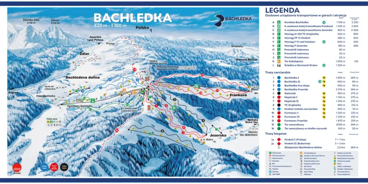 Mapa tras narciarskich w Bachledovej dolinie. Widok z lotu ptaka na stoki, wyciągi i infrastrukturę.