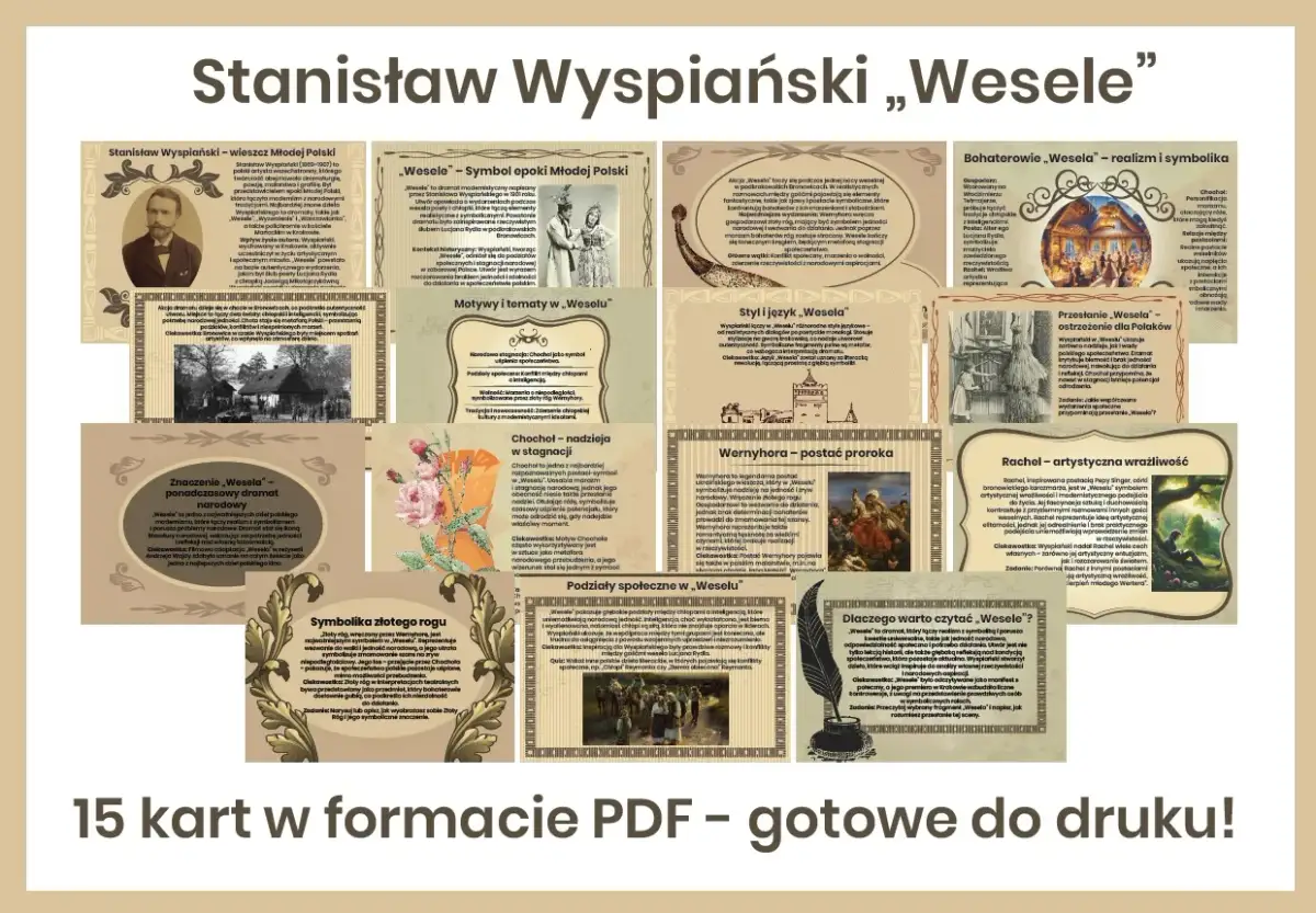 Postacie w weselu Stanisława Wyspiańskiego: od gospodarza po Rachel. Materiały edukacyjne do druku.