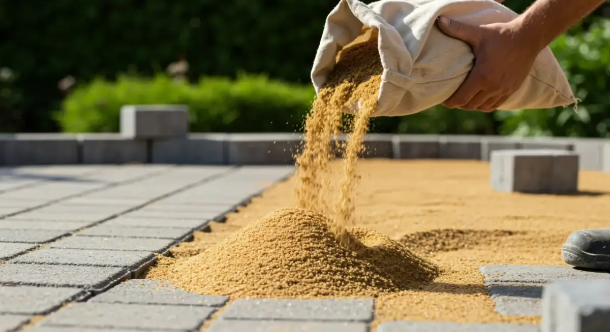 Wsypywanie piasku pod kostkę brukową z worka.