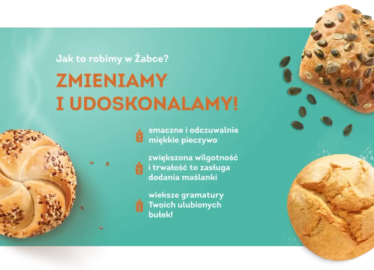 Bułki z ziarnami i dynią na tle grafiki z tekstem.