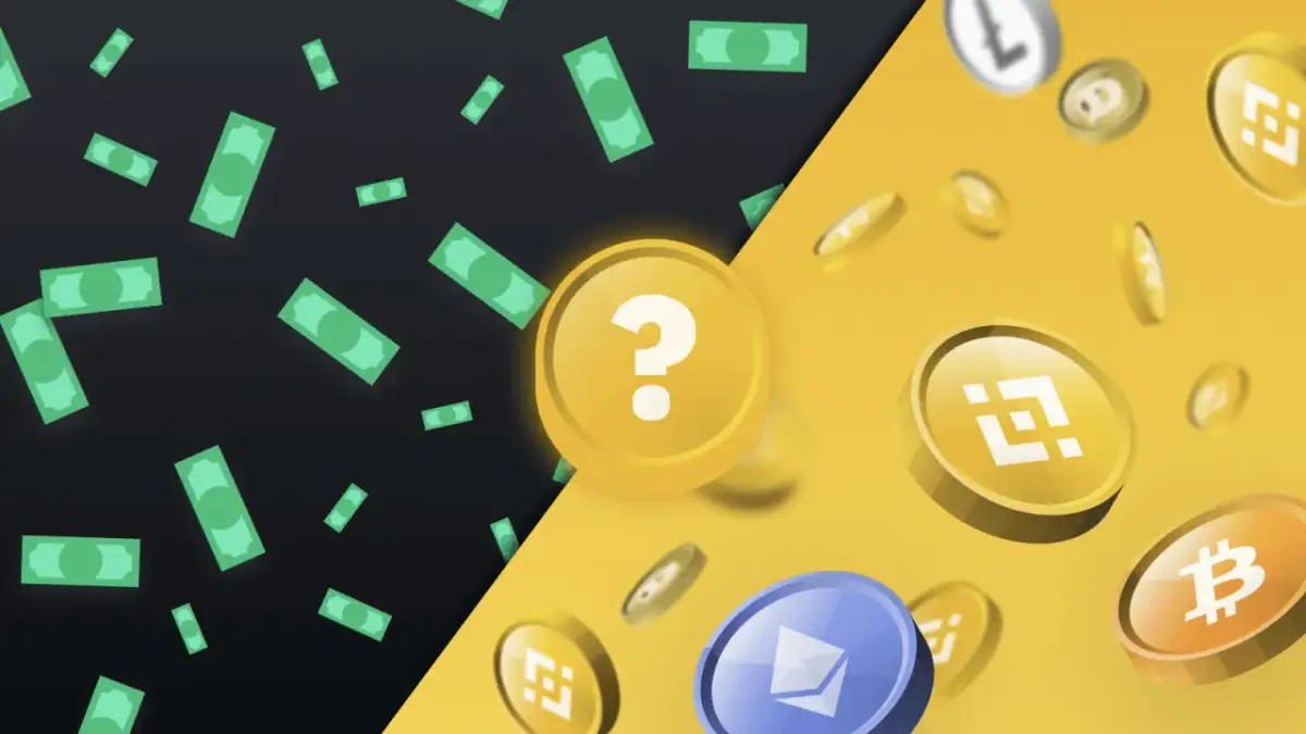 Pytanie: waluty fiat a kryptowaluty? Zielone banknoty kontra spadające monety cyfrowe, w tym Bitcoin i Ethereum.