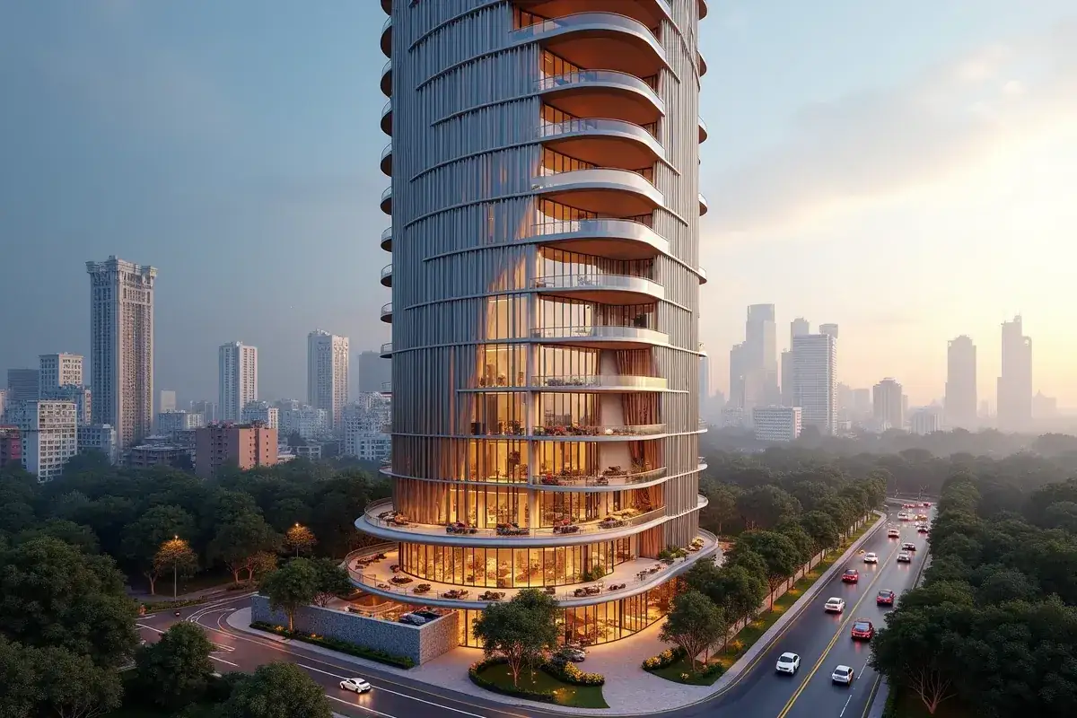 Nowoczesny wieżowiec Antilia Tower w mieście, otoczony zielenią i drogą z samochodami.