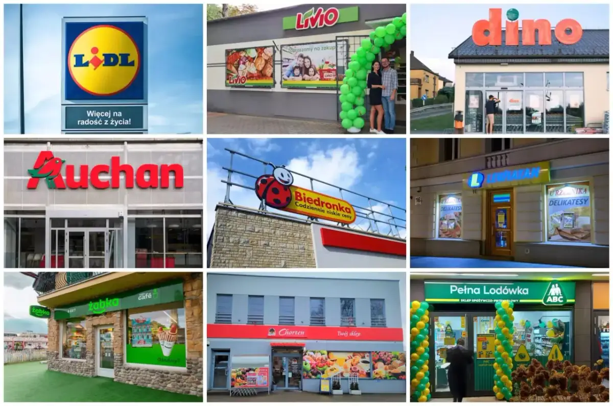 Kolaż zdjęć fasad sklepów spożywczych: Lidl, Livio, Dino, Auchan, Biedronka, Żabka, Chorten, Lewiatan, ABC.