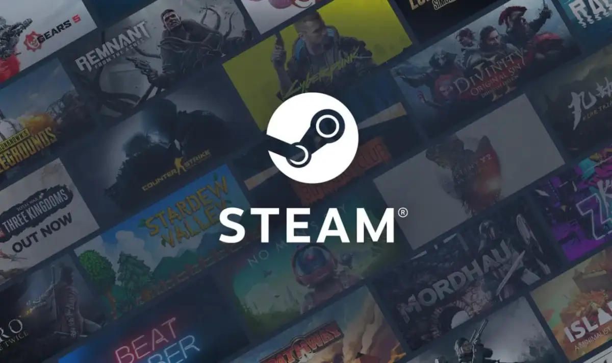 Logo Steam na tle okładek gier komputerowych.