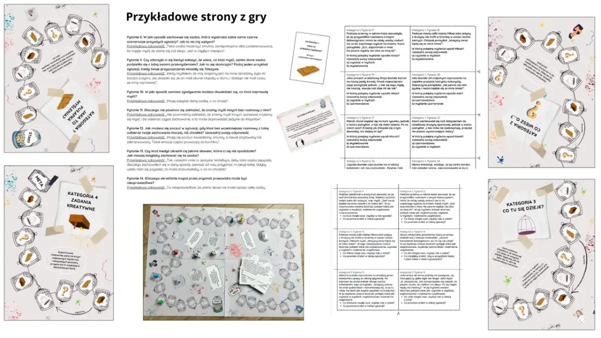 Plansza gry planszowej z pytaniami i ilustracjami w klatkach.