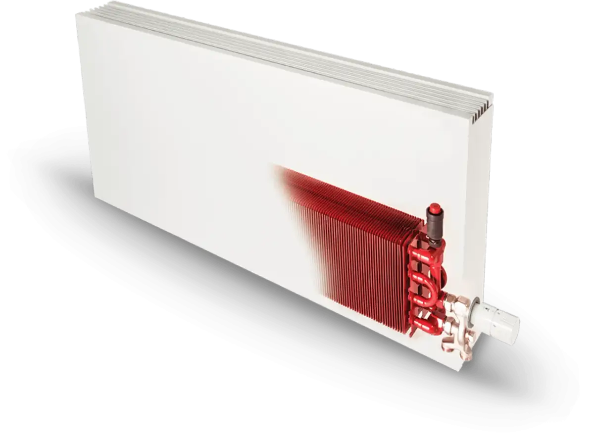 Przekrój grzejnika z widocznym czerwonym elementem grzewczym. Pokazuje, jaka temperatura wody na grzejniki jest optymalna do ogrzewania.