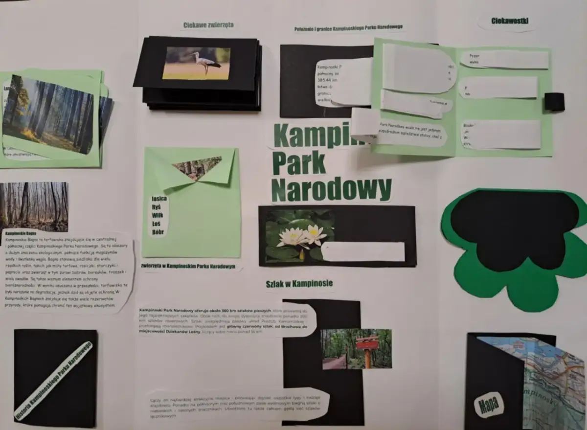 Lapbook o Kampinoskim Parku Narodowym: ciekawe zwierzęta, bagna, szlaki i mapa.