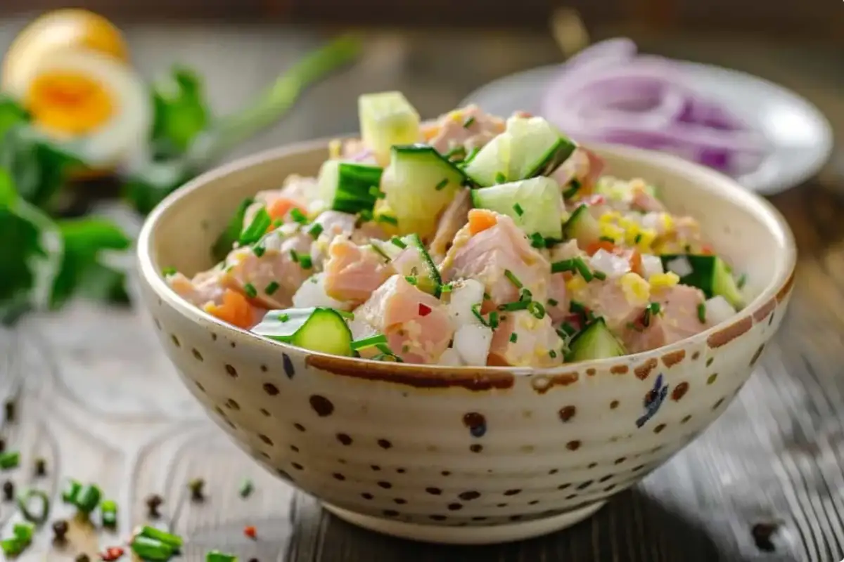 Pyszna sałatka z tuńczykiem, świeżym ogórkiem, cebulą i szczypiorkiem w ceramicznej misce.
