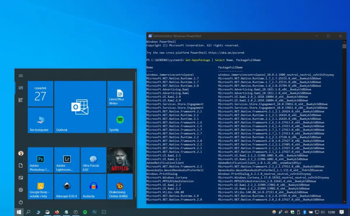 Widok ekranu Windows z otwartym PowerShell, gdzie widać komendę do sprawdzenia zainstalowanych aplikacji, pomocną gdy zastanawiasz się, jak odinstalować aplikacje na laptopie.