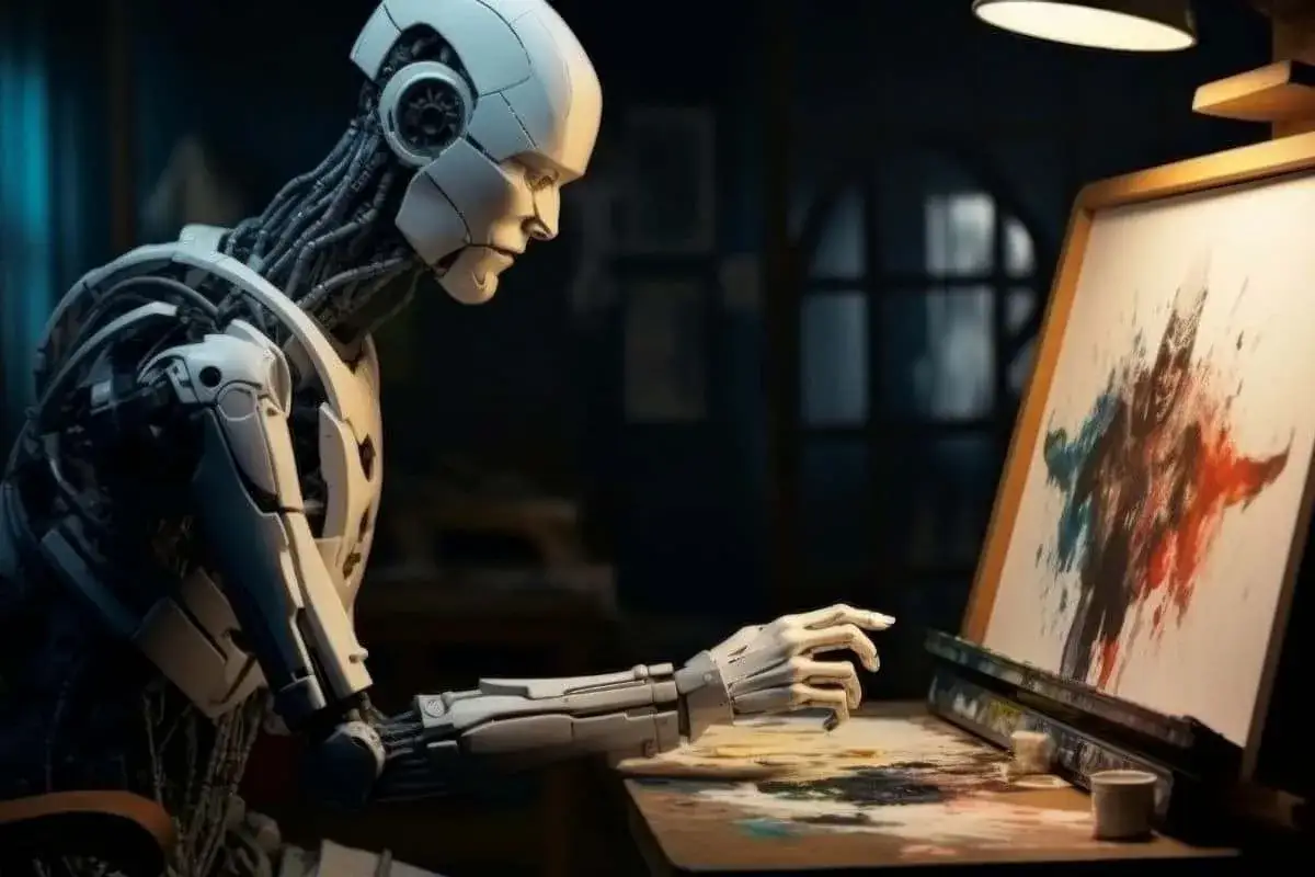 Robot maluje abstrakcyjny obraz. Oto opis obrazu przykład, jak sztuczna inteligencja tworzy sztukę.