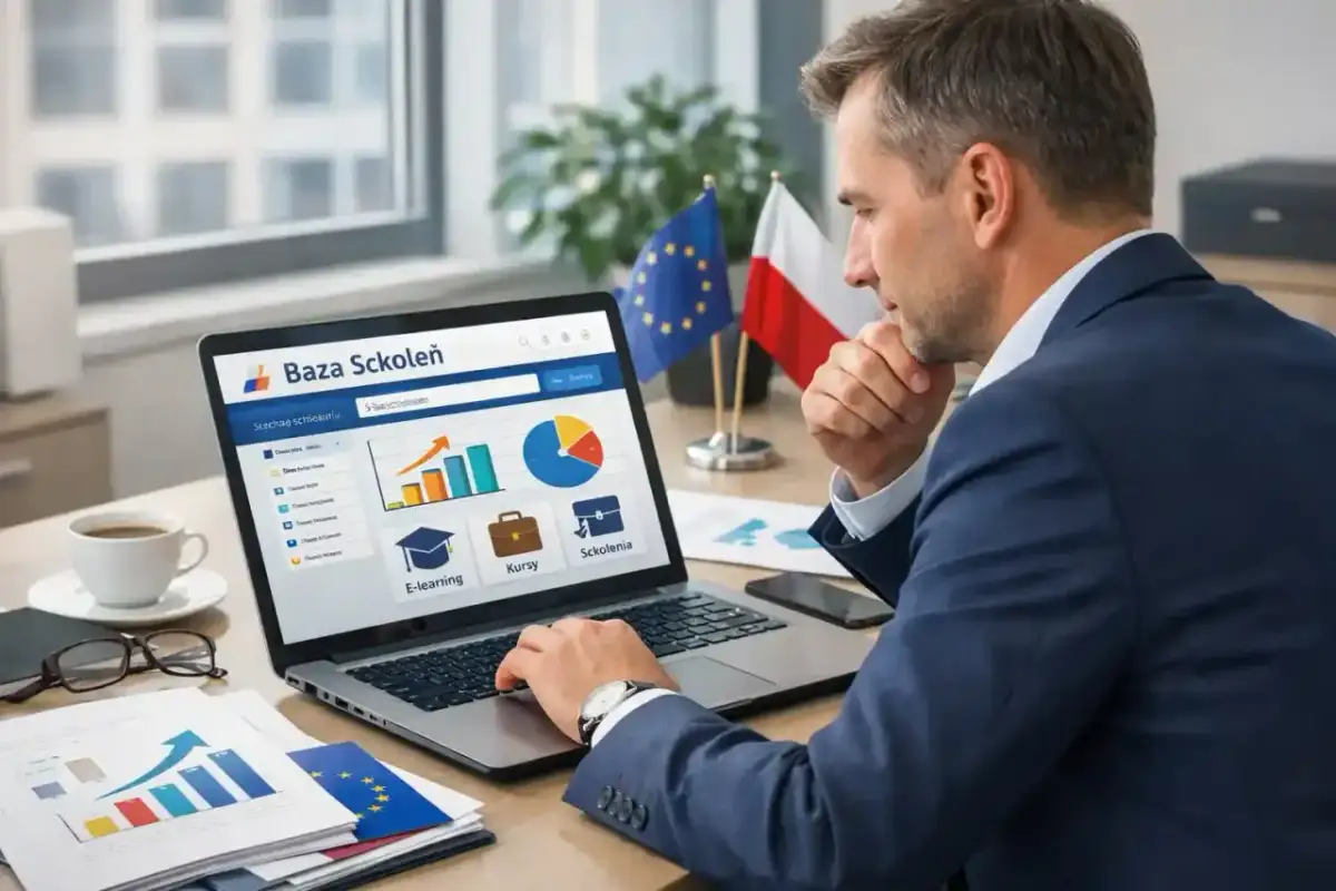 Mężczyzna analizuje na laptopie bazę usług rozwojowych, szukając informacji, jak uzyskać dofinansowanie na szkolenia.