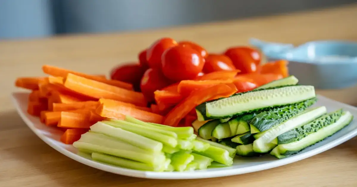 Pokrojone warzywa: marchewka, papryka, ogórek, pomidorki koktajlowe na białym talerzu.