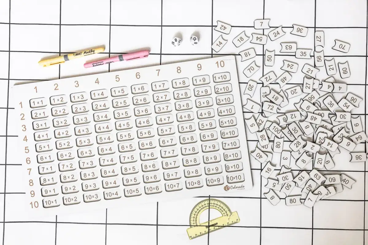 Pomoc w nauce tabliczki mnożenia: tablica z działaniami, kostki, pisaki i luźne cyfry.