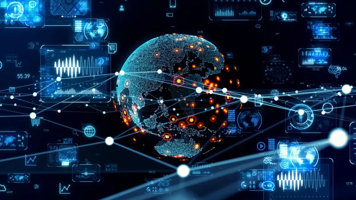 Cyfrowa kula ziemska otoczona wykresami i danymi, symbolizująca technologię i globalną sieć.