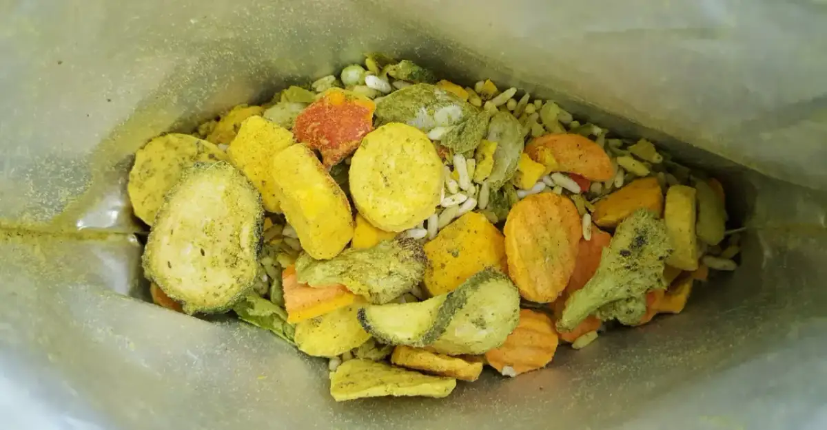 Kolorowe jedzenie liofilizowane w góry: suszone warzywa, ryż i przyprawy. Idealne na wyprawę!