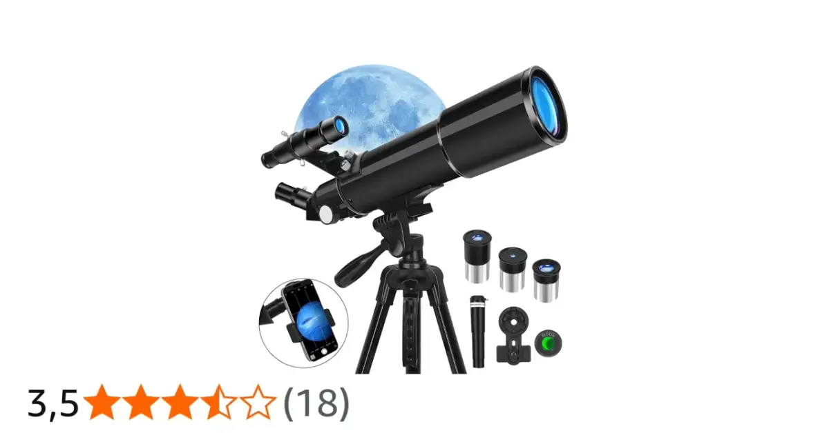 Czarny teleskop na statywie z akcesoriami i księżycem w tle.