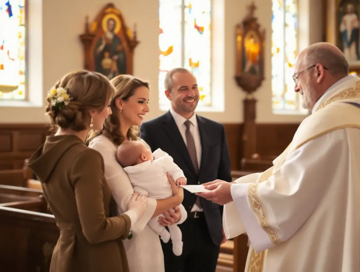 Rodzina z dzieckiem podczas ceremonii chrztu w kościele.