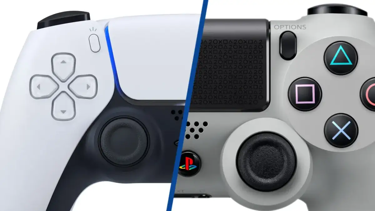 Porównanie kontrolerów DualSense (PS5) i DualShock 4 (PS4) na białym tle.