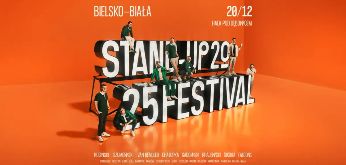 Artyści na tle napisu "STAND UP FESTIVAL 2029". Dowiedz się, ile trwa stand up i kto wystąpi w Bielsku-Białej 20/12.