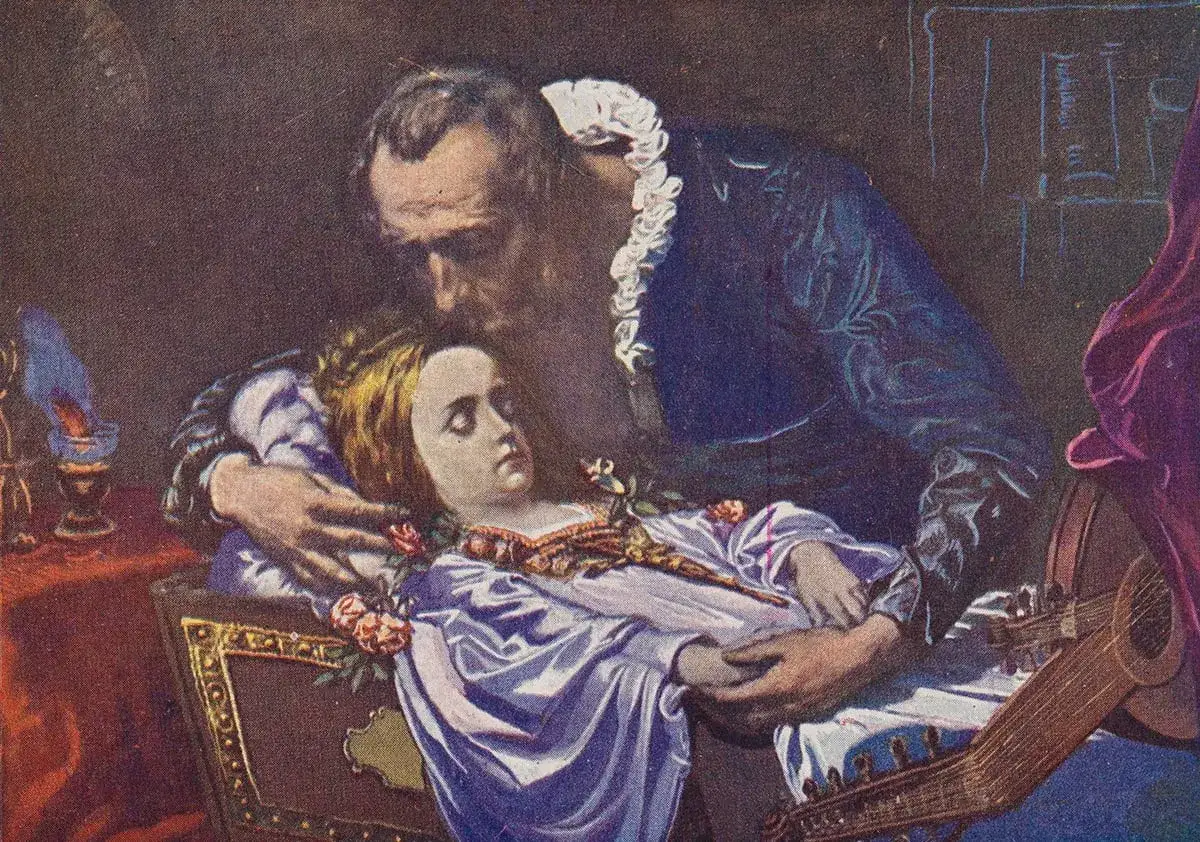 Mężczyzna pochyla się nad śpiącą kobietą, która leży w ozdobnej szkatułce. Obok nich lutnia i róże. To pieśń o cnocie.