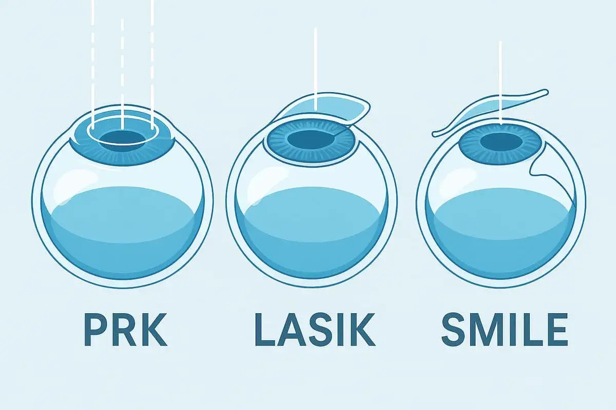 Ilustracja przedstawia trzy przekroje oka z zaznaczonymi metodami korekcji wzroku: PRK, LASIK, SMILE.