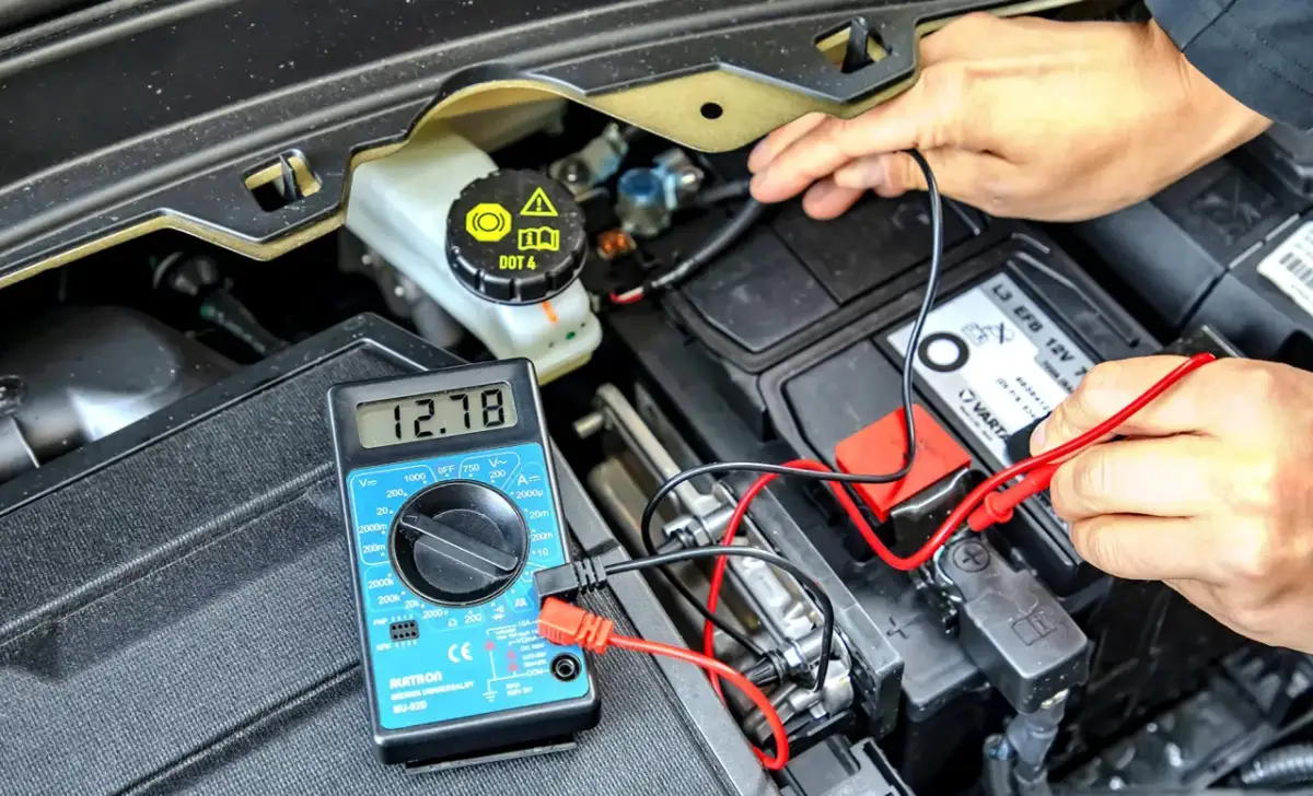 Pomiar napięcia akumulatora multimetrem. Sprawdzanie, ile trwa odsiarczanie akumulatora, to kluczowy etap diagnostyki.