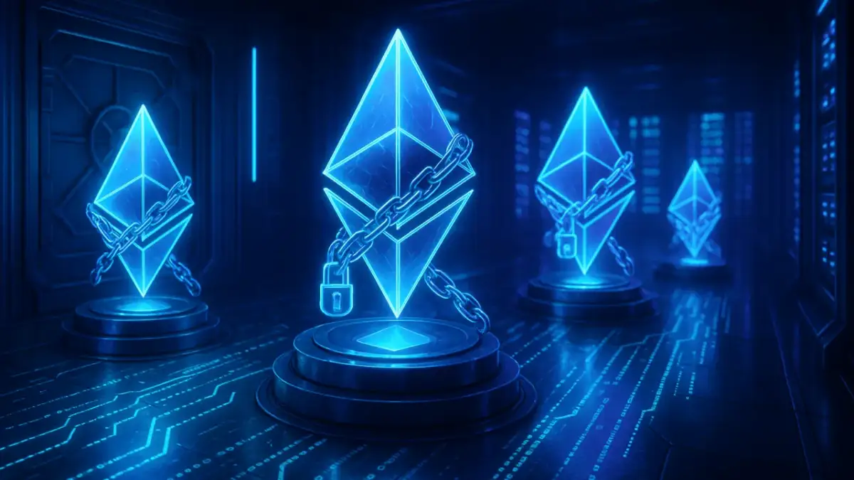 Neonowe symbole Ethereum, spięte łańcuchami z kłódkami, stoją na piedestałach w futurystycznym, niebieskim wnętrzu. To wizualizacja bezpieczeństwa w ethereum pool co.