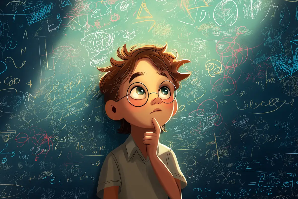 Chłopiec w okularach zamyślony przed tablicą pełną rysunków. Czy to zagadka dla przedszkolaka?