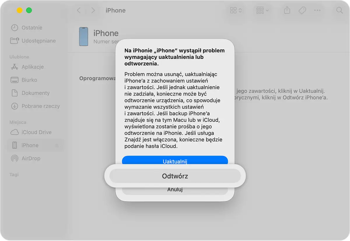 Komunikat o błędzie na iPhonie, sugerujący uaktualnienie lub odtworzenie. Możliwe rozwiązanie problemu to reset iPhone'a.