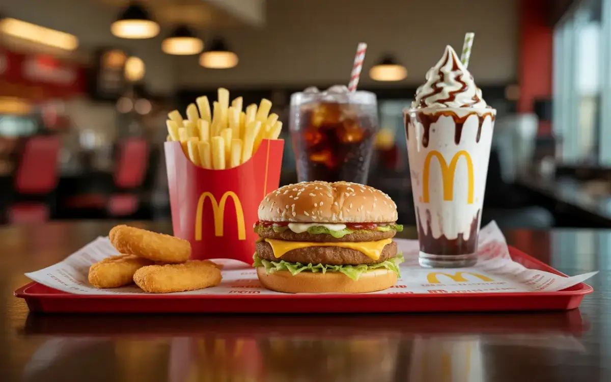 Zestaw z McDonald's: burger, frytki, nuggetsy i shake. Zastanawiasz się, ile kosztują frytki w maku?