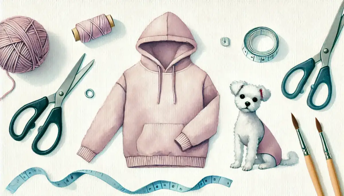 Jak zrobić ubranko dla psa z bluzy? Potrzebne: różowa bluza, nożyczki, nitka, miarka, guziki i uroczy piesek.