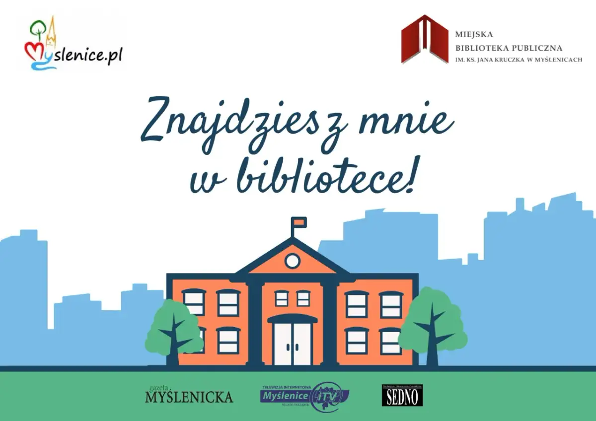 Znajdziesz mnie w bibliotece! Ilustracja przedstawia budynek biblioteki i zachęca do odwiedzin. Zagadka o bibliotece.