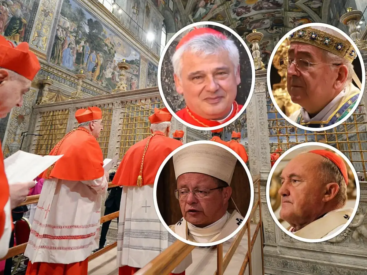 Portret kardynałów polskich w strojach liturgicznych. W tle freski i złote zdobienia.