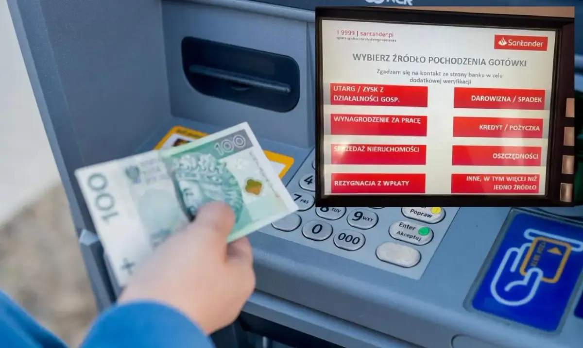 Wpłatomat Santander Euronet. Dłoń z banknotem 100 zł wybiera źródło gotówki na ekranie.