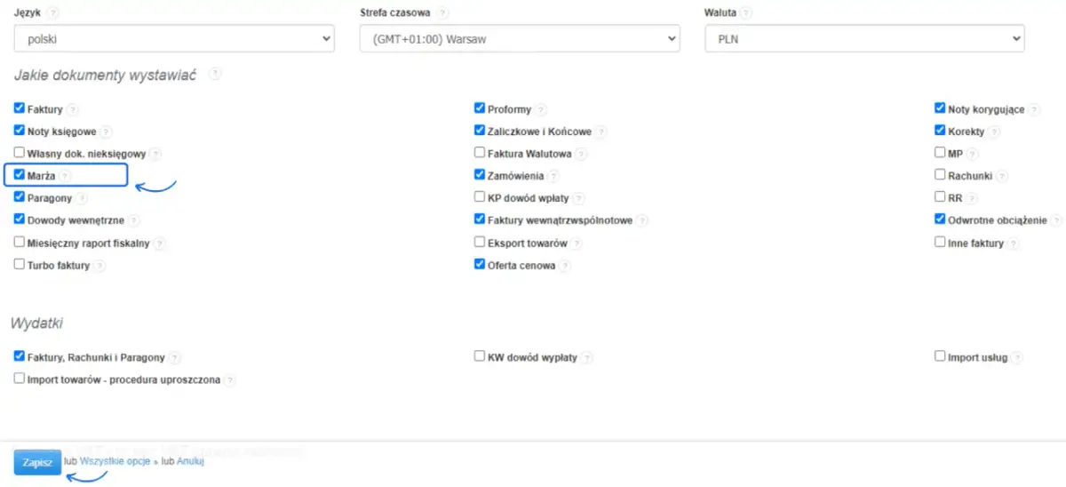 Zaznaczone pole wyboru "Marża" w formularzu ustawień dokumentów.