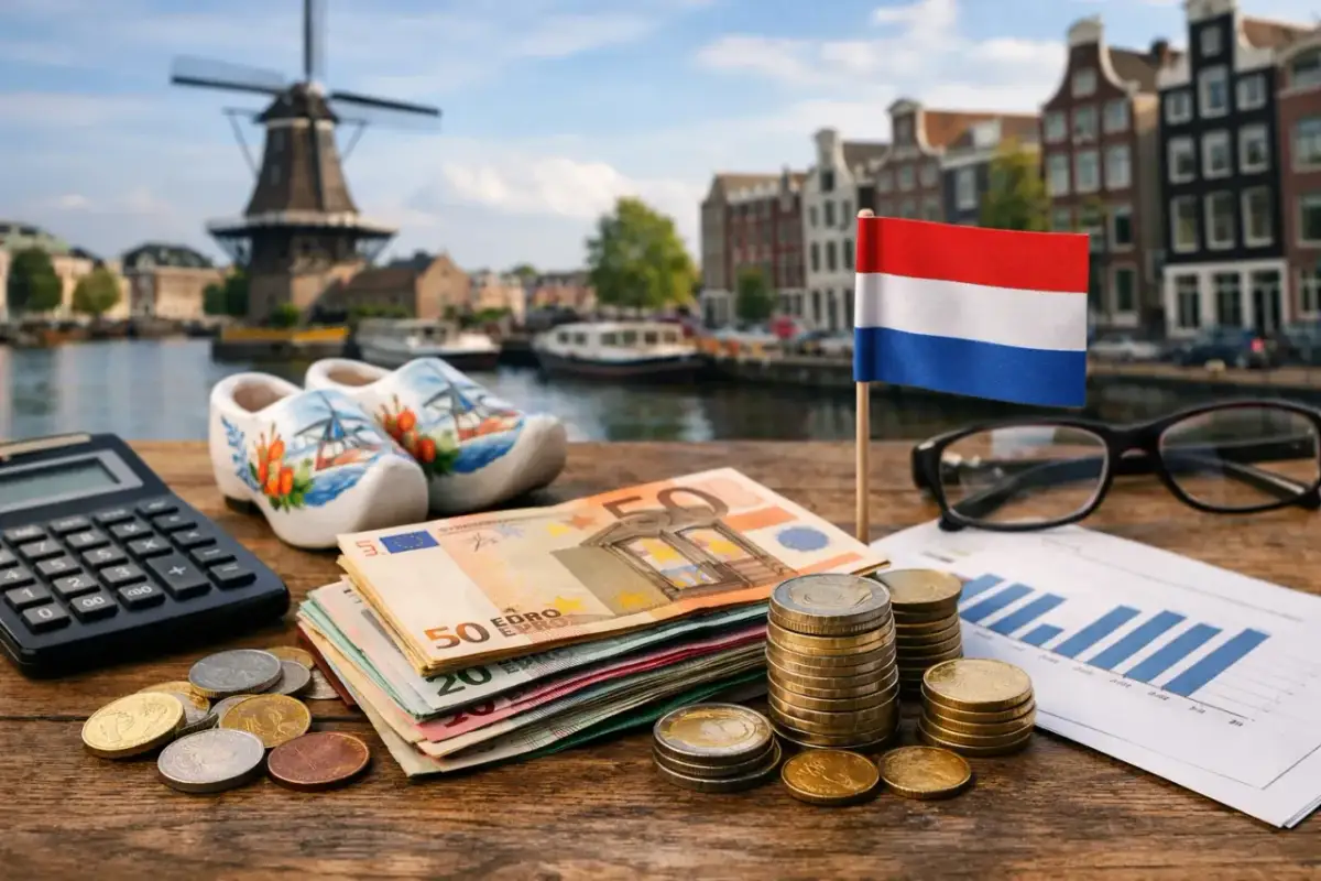 Holenderski krajobraz z wiatrakiem, pieniądze, kalkulator i klompen. Zastanawiasz się, ile zarabia dekarz w Holandii?
