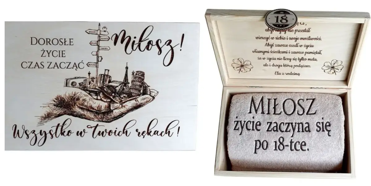 Drewniana tablica i skrzynka z ręcznikiem dla Miłosza na 18 urodziny. To idealny prezent, co daje chrzestny na 18 urodziny, by rozpocząć dorosłe życie.