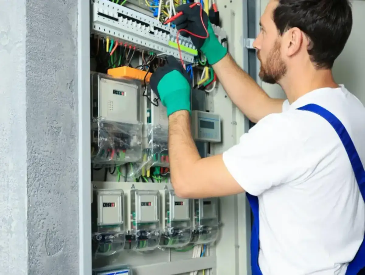 Elektryk sprawdza liczniki, by zapewnić obniżkę za prąd.