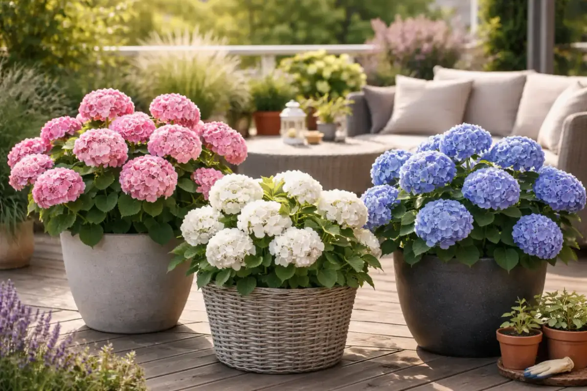 Piękne hortensje na tarasie: różowe, białe i niebieskie w donicach tworzą kolorowy zakątek.