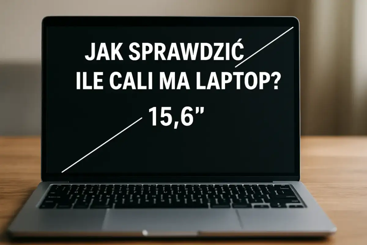 Laptop z ekranem 15,6 cala, na którym widnieje napis "Jak sprawdzić ile cali ma laptop?".