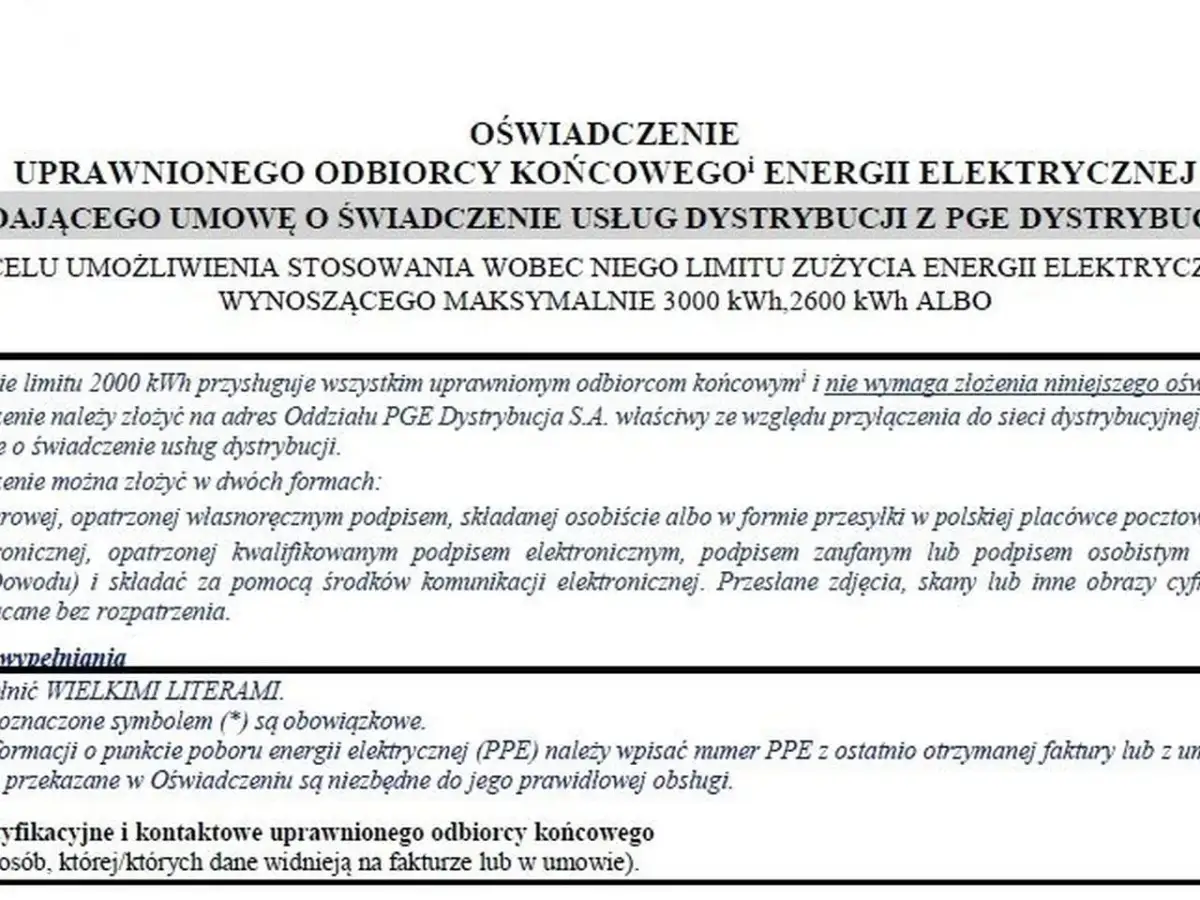 Oświadczenie uprawnionego odbiorcy końcowego energii elektrycznej dotyczące umowy o świadczenie usług dystrybucji z PGE Dystrybucja. Wniosek o przepisanie prądu PGE.