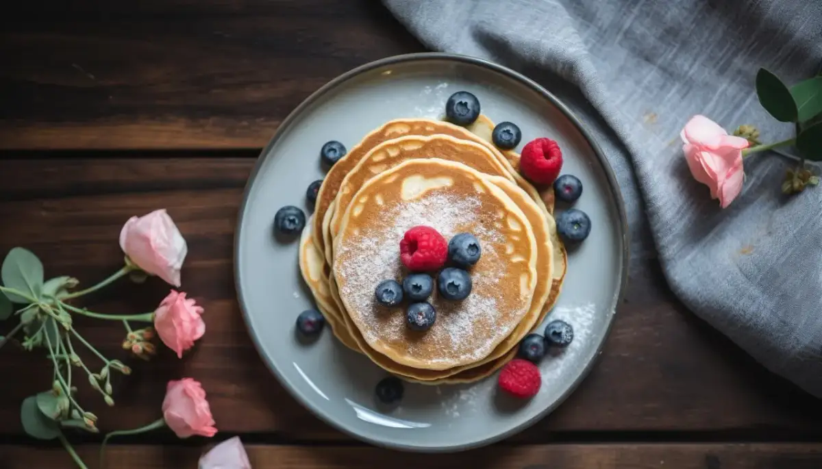 Stos placuszków dla rocznego dziecka, udekorowany borówkami i malinami, wygląda apetycznie.