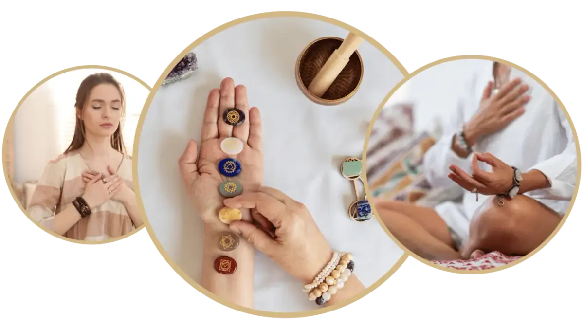 Kobieta medytuje, dotykając serca. Na dłoni ma kamienie z symbolami czakr, które pomagają jak otworzyć czakrę serca.