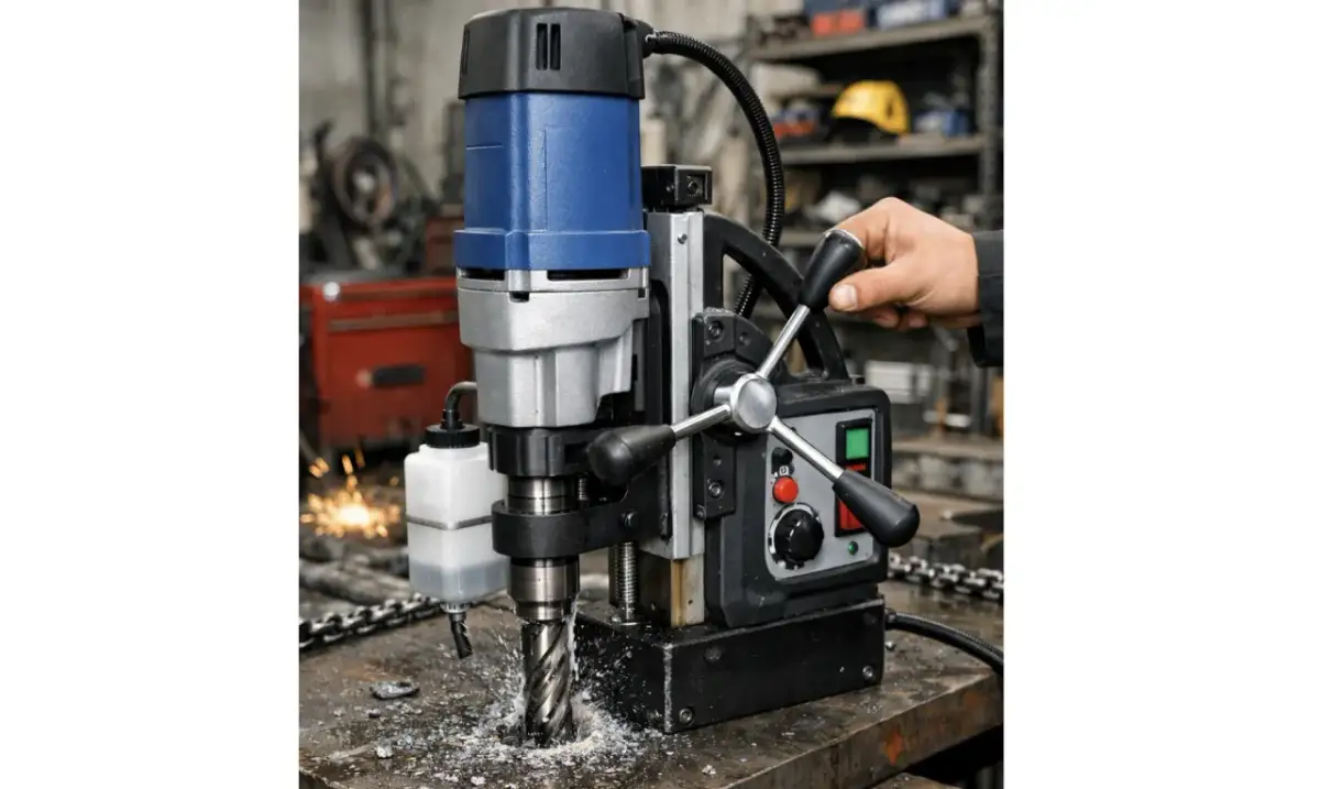 Wiertarka magnetyczna podczas pracy