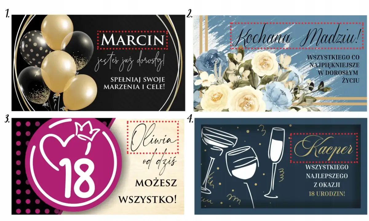 Cztery grafiki z okazji 18. urodzin: balony, kwiaty, cyfra 18 i kieliszki.